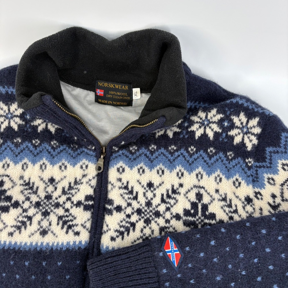 Norskwear Full Zip Wool Cardigan Mens XL Navy Nordic Fair Isle Sweater Norway